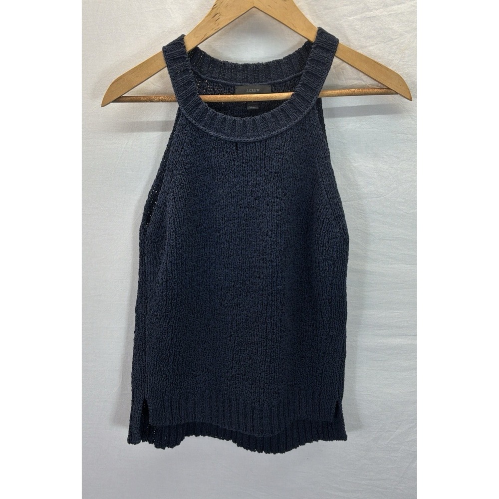J. Crew Sleeveless High/Halter Neck Sweater Sz S Navy Blue Open Weave Crepe